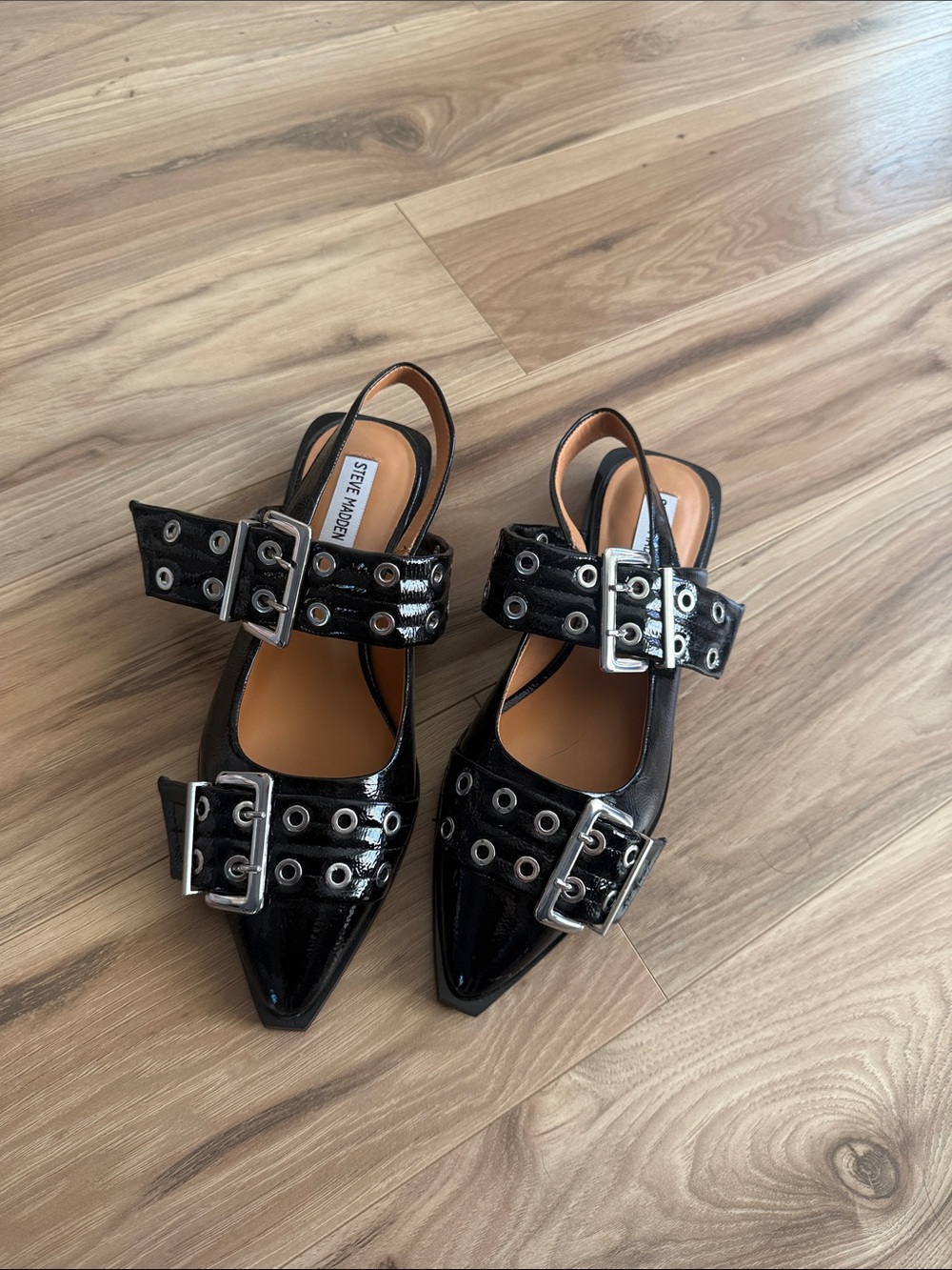 Steve Madden Black Patent Pointed Slingback Flats with Buckle Straps